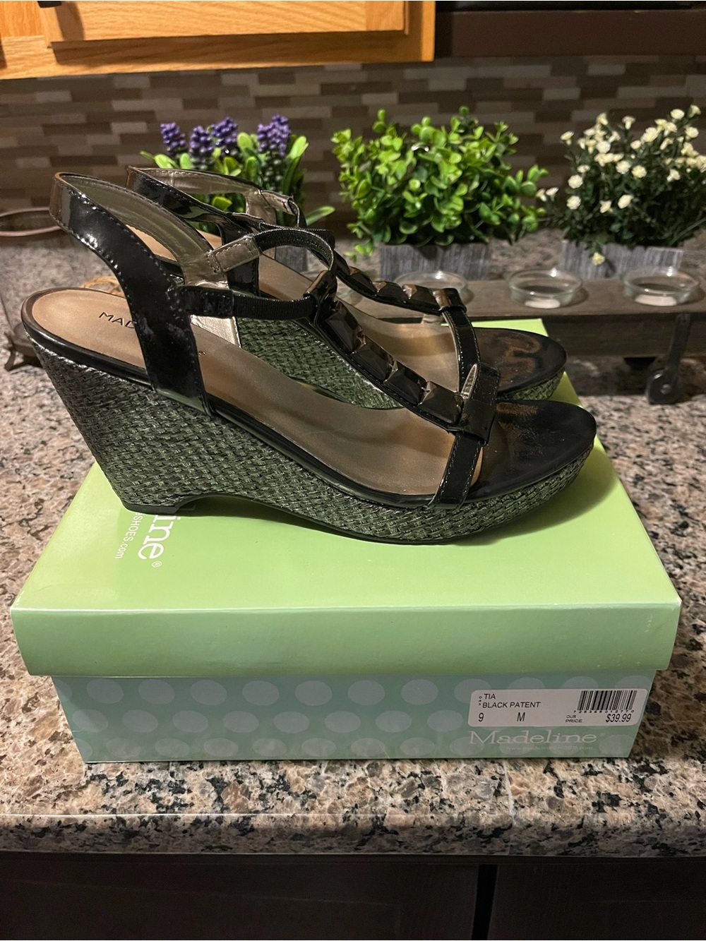 Madeline Black Tia Patent Wedge Sandals with Braided Platform